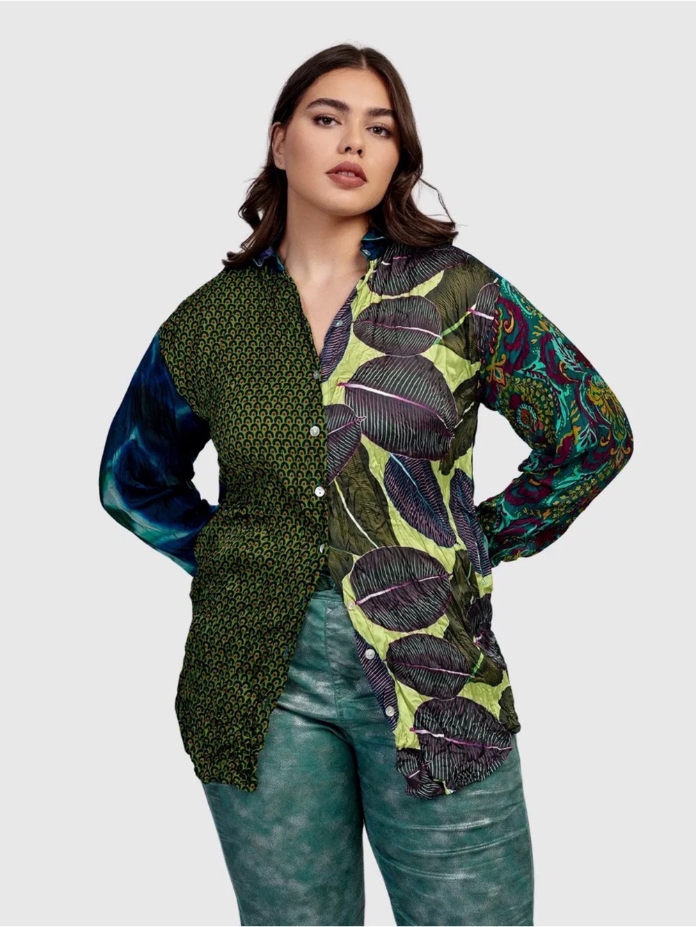 Alembika Judith Crinkle Mixed Print Button Down Shirt M